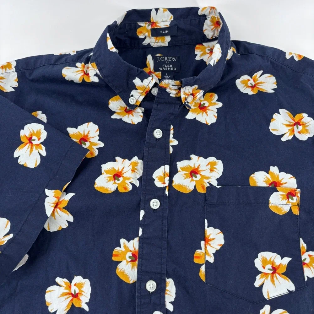 J.Crew Button Down Shirt Mens Large Navy Floral Flex Washed Slim Fit Hawaiian